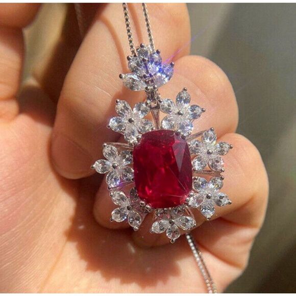 💋Sparkling Ruby Red Floral Cz Diamond Pendant Silver Hypoallergenic Necklace - Picture 9 of 14